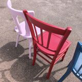 Set of 6 mismatched vintage bistro wooden chairs.