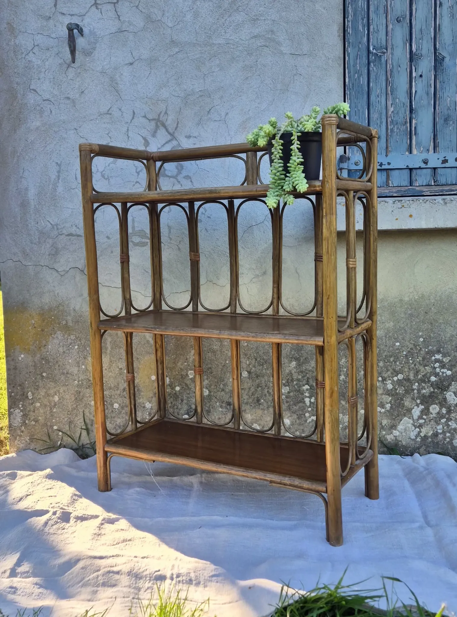 Set of 2 vintage bamboo rattan bedside shelves