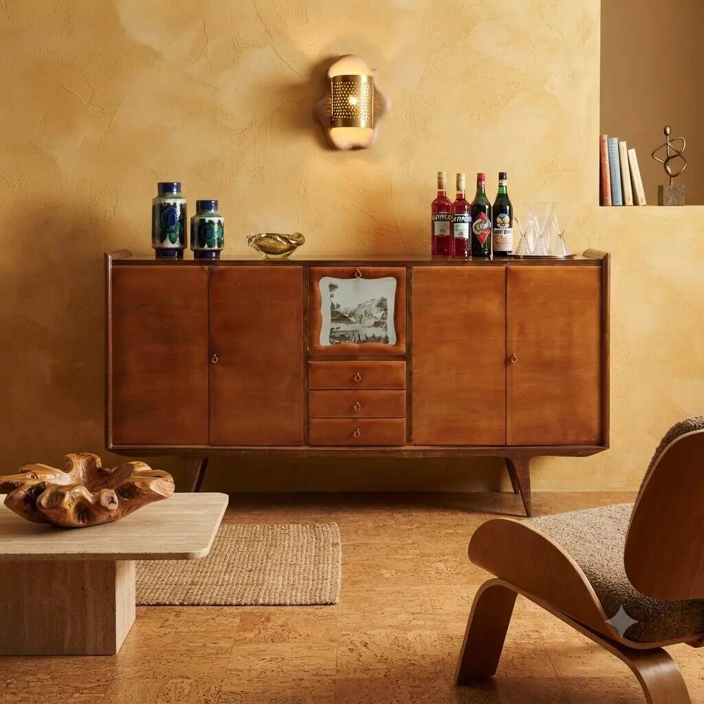 Vintage mahogany sideboard with bar compartment, 1950s-60s design.