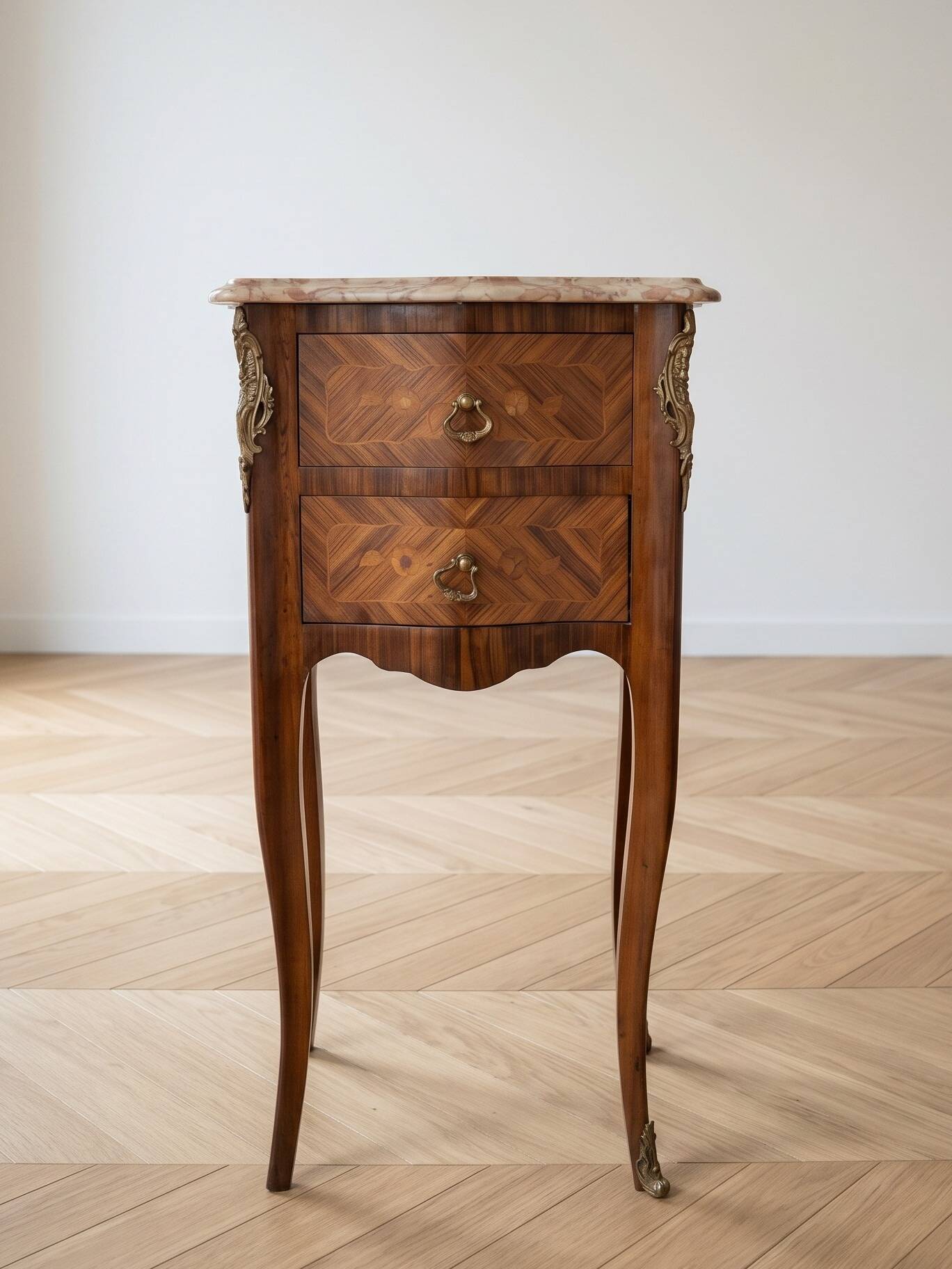 Louis XV style bedside table in marquetry wood and marble