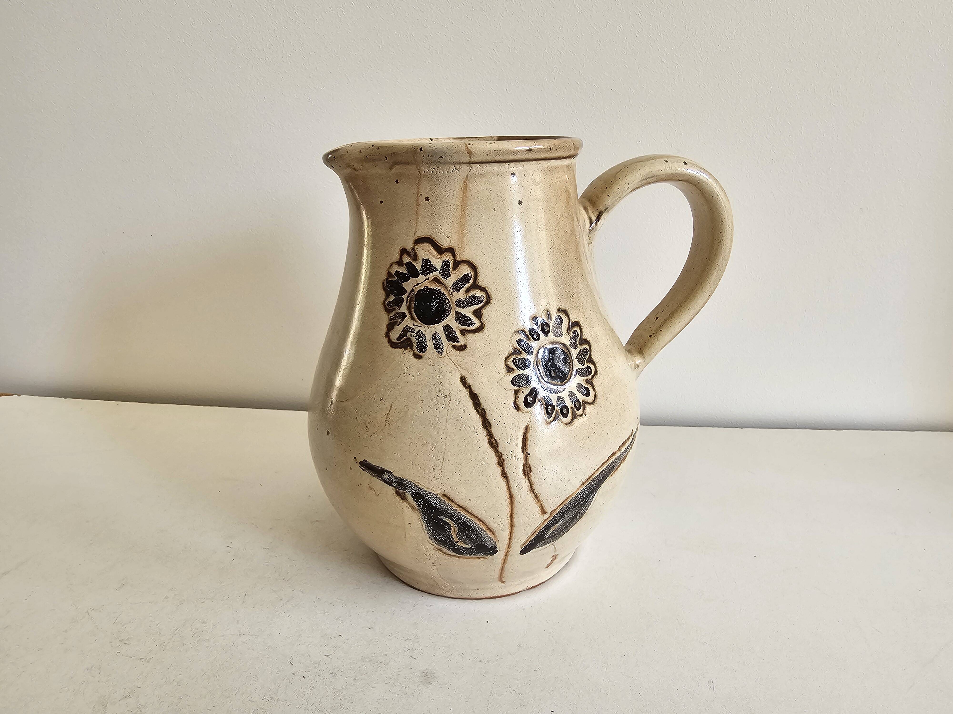 Ceramic Jug Flower Pattern - Signed Les Grottes Dieulefit