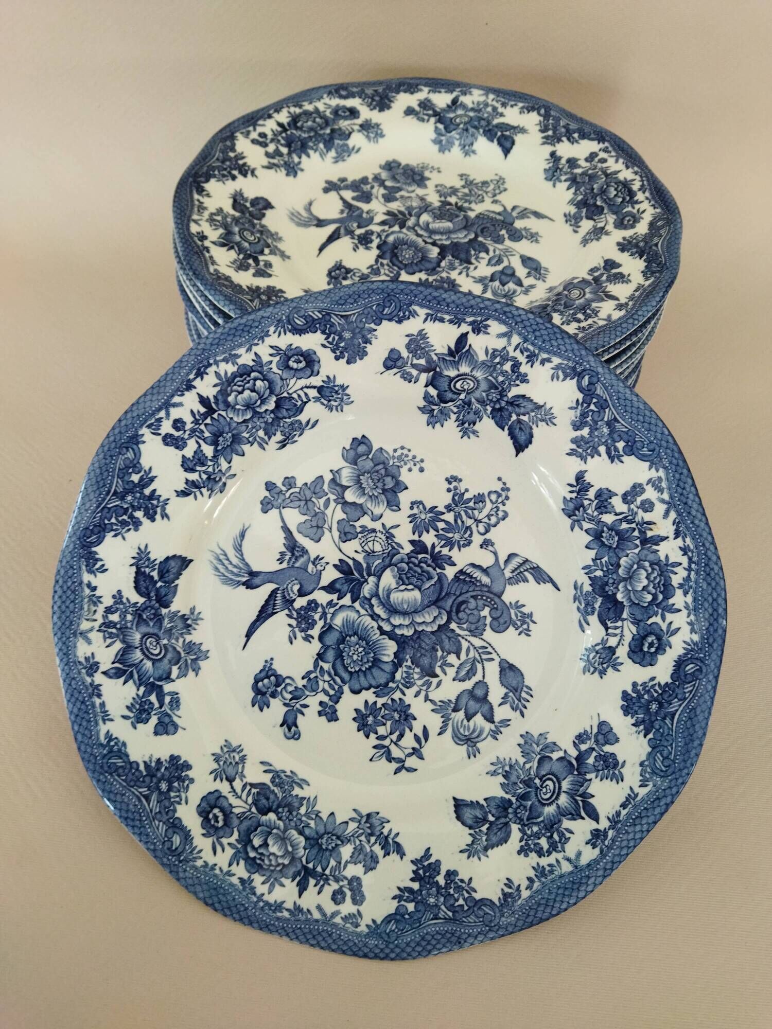 12 English dinner plates Enoch Wedgwood "Asiatic Pheasants"