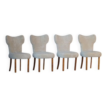 Ensemble de 4 chaises de salle à manger modernes danoises en laine d'agneau et Oak, Viggo Boesen, années 1950