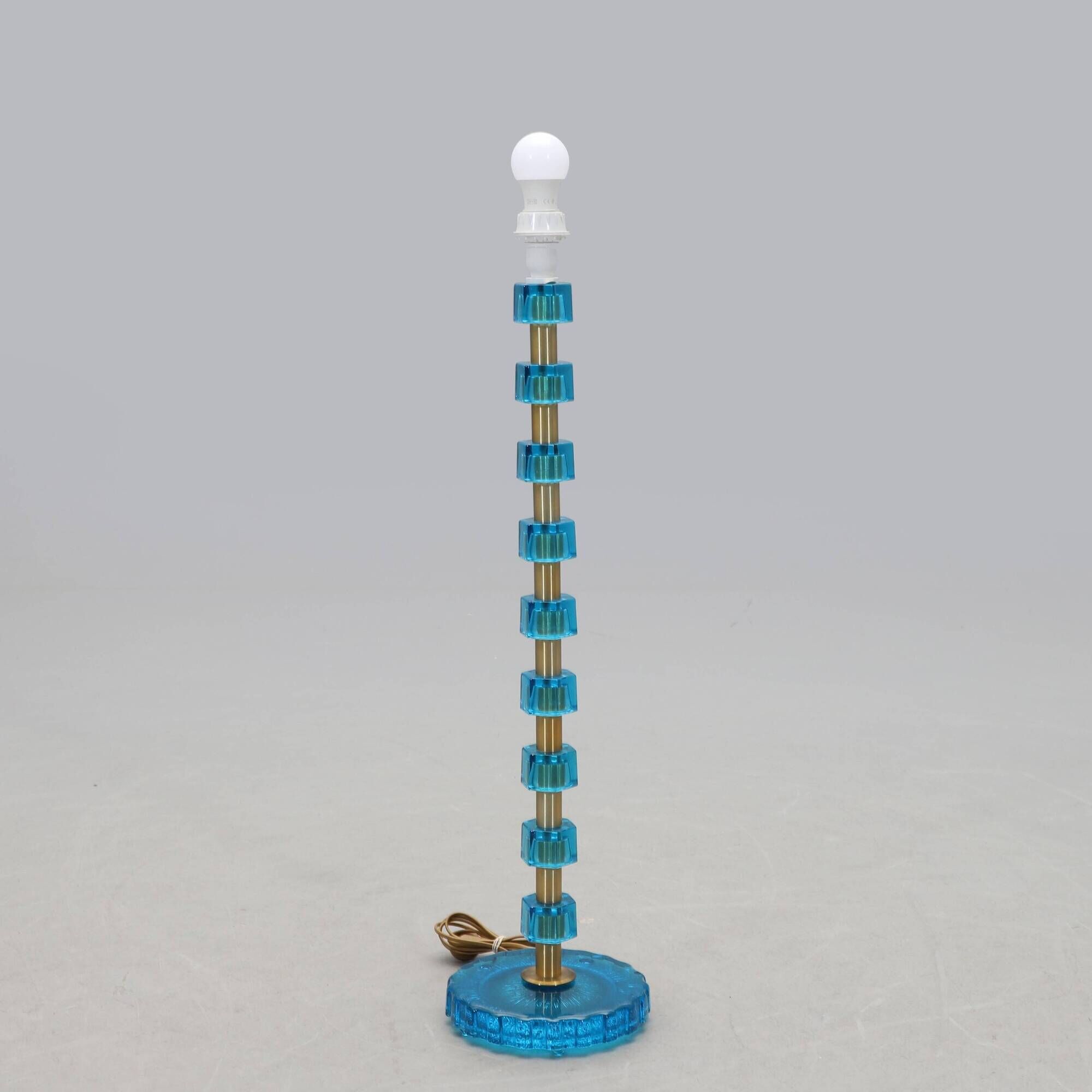 Nybro Armaturfabrik Lamp Blue Cast Glass and Brass Signed Sweden 1960
