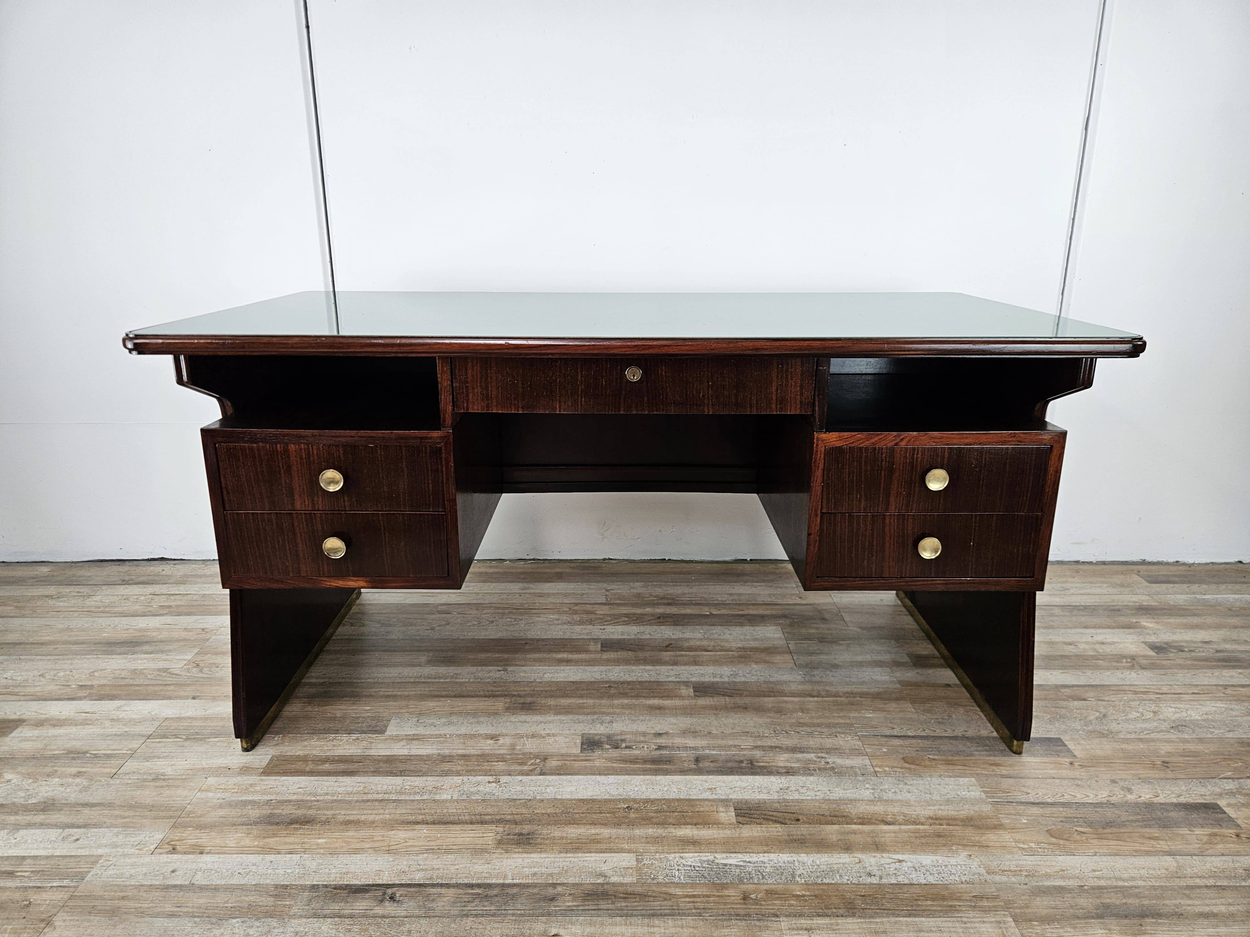 Executive Art Decò desk in exotic wood, glass, and brass