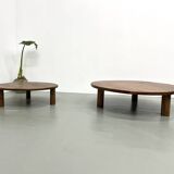 Duo of large modernist tripod coffee tables