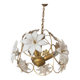 Vintage Murano glass chandelier with opaline flowers and brass – 1970 (É