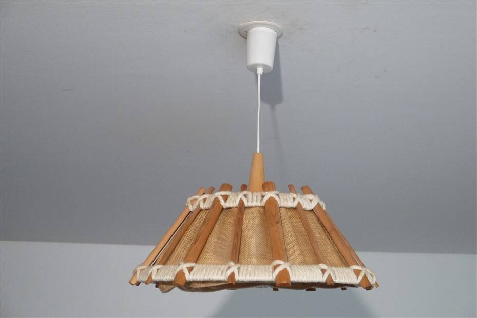 Vintage pendant lamp in wood and canvas 1970