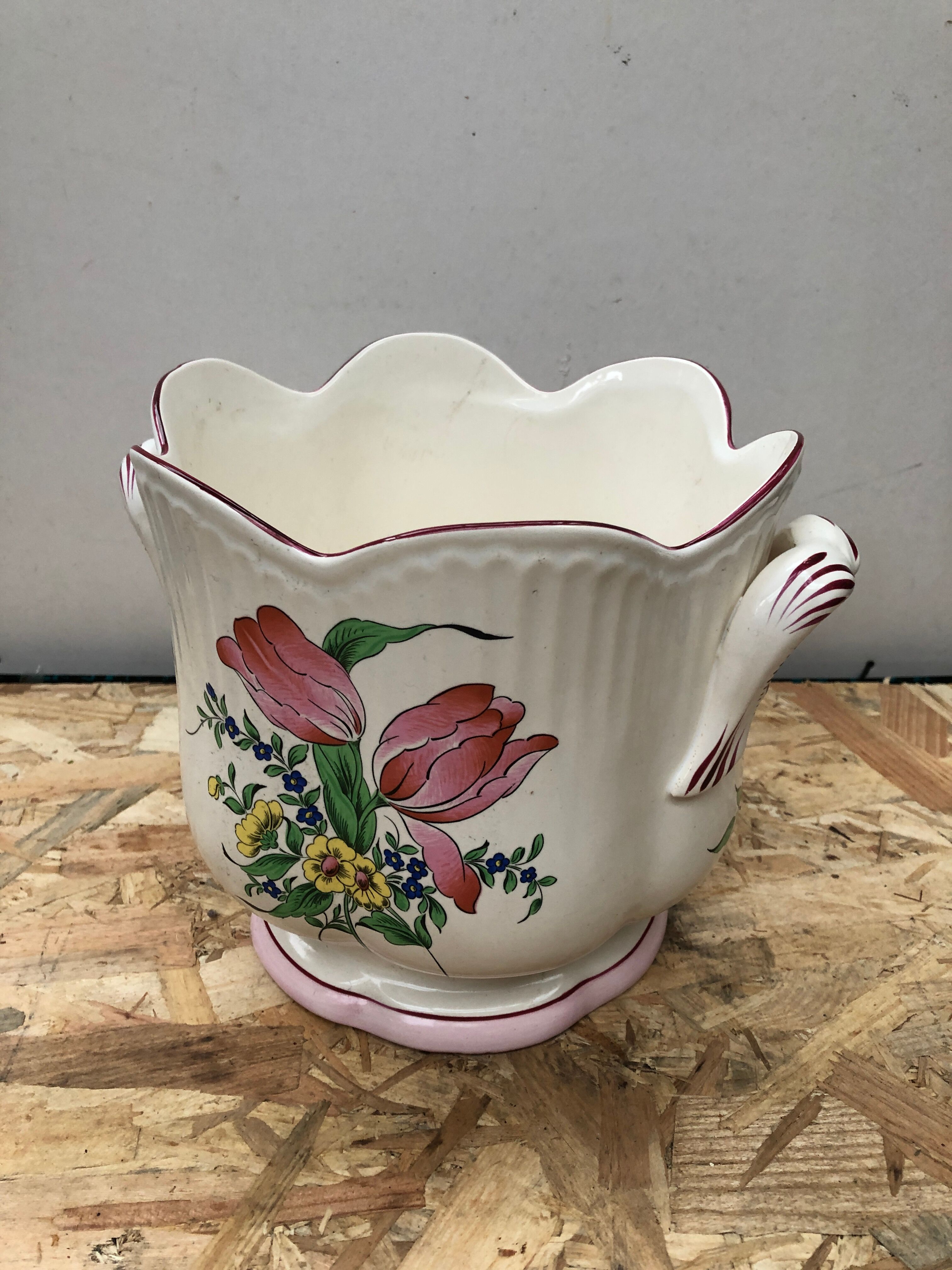 Old Cache Pot K&G LUNEVILLE Ceramic White Decoration Vintage Flowers