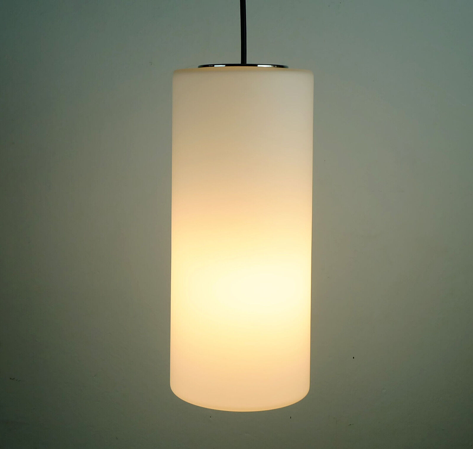 Glashuette Limburg pendant light white cylindrical glass shade and chrome 1970s - 2 available