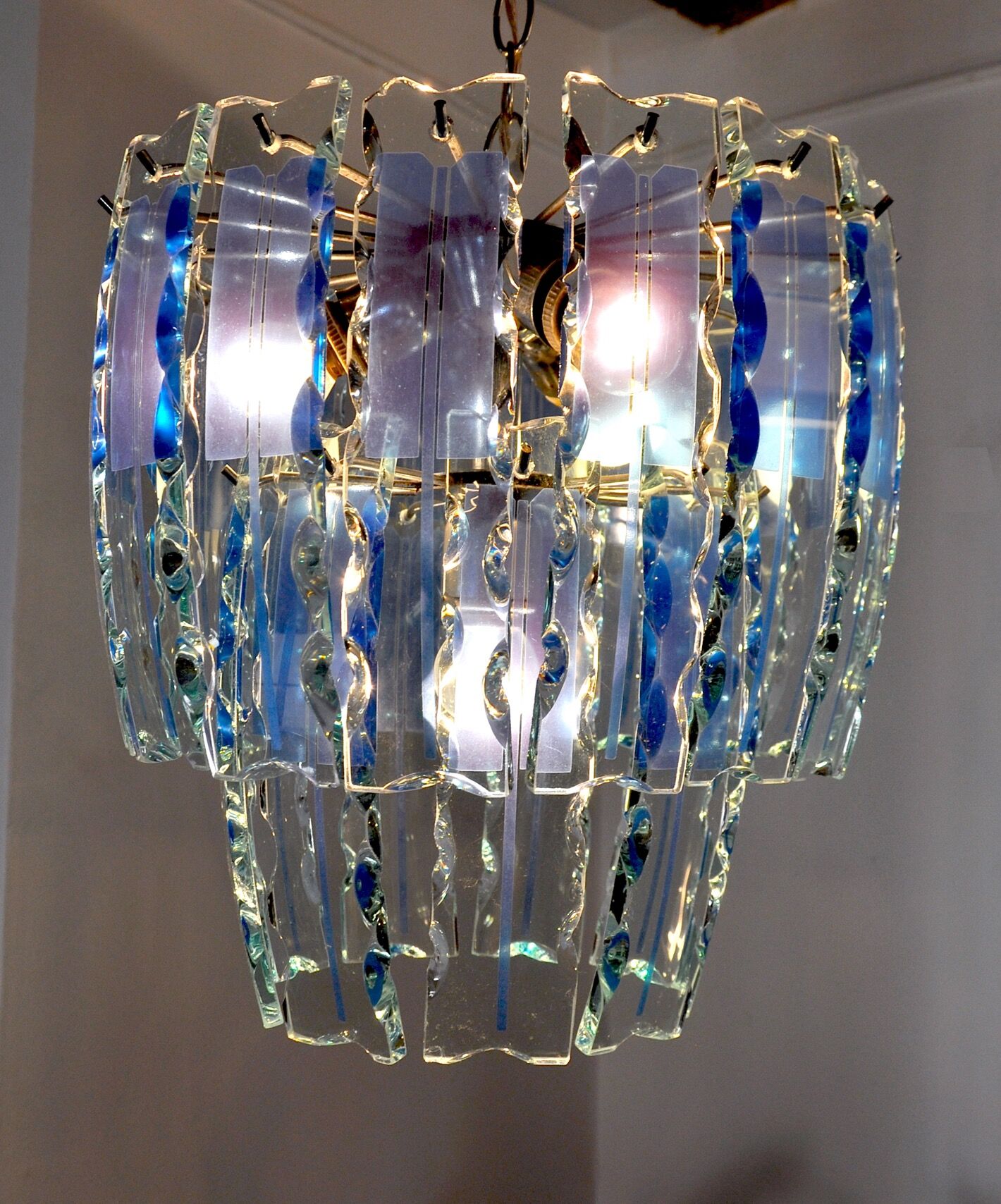 Zero Quattro chandelier, murano blue cut glass, Italy, 1970