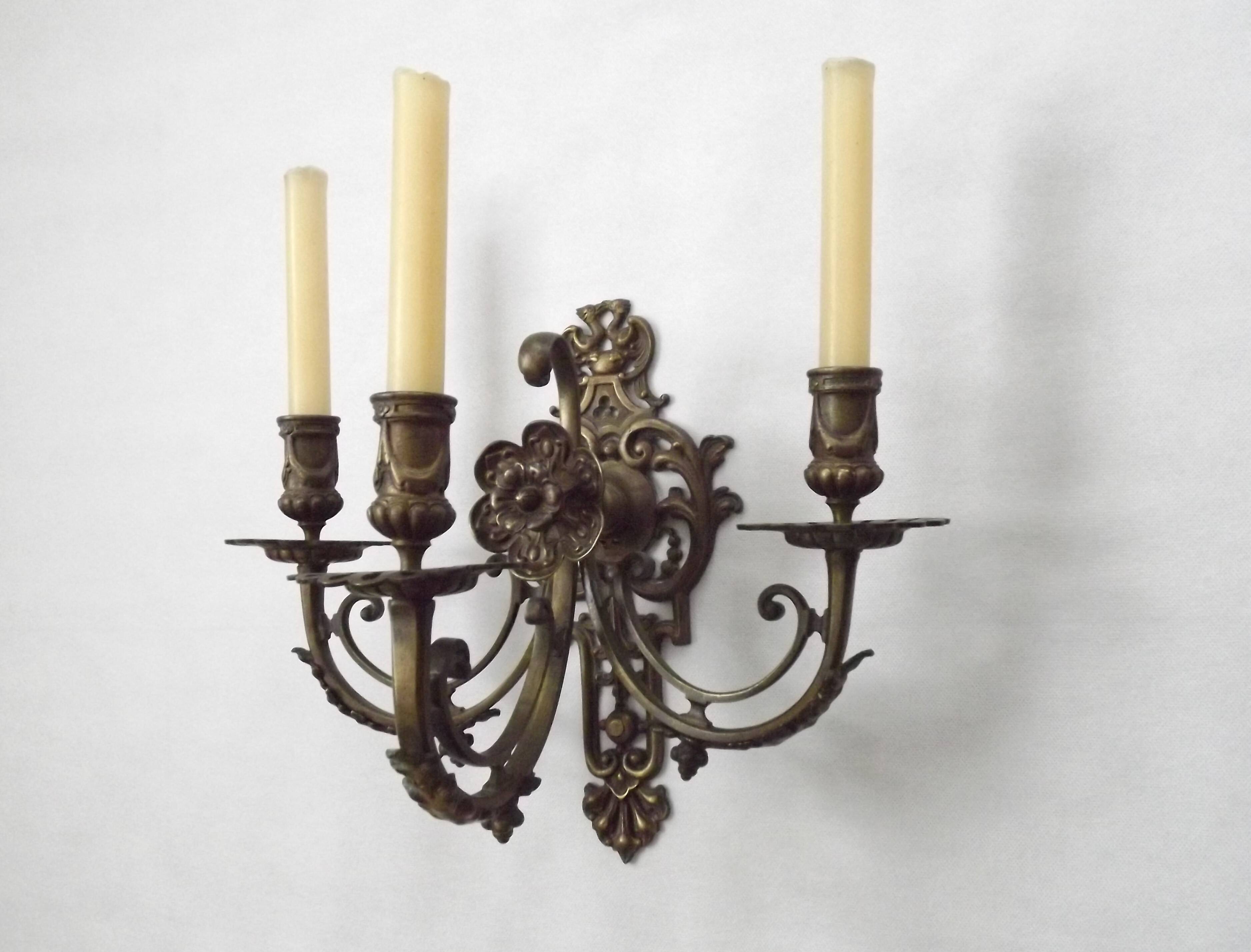 Pair of Heavy Victorian Bronze Triple Wall Sconces Griffin & Flower Detail