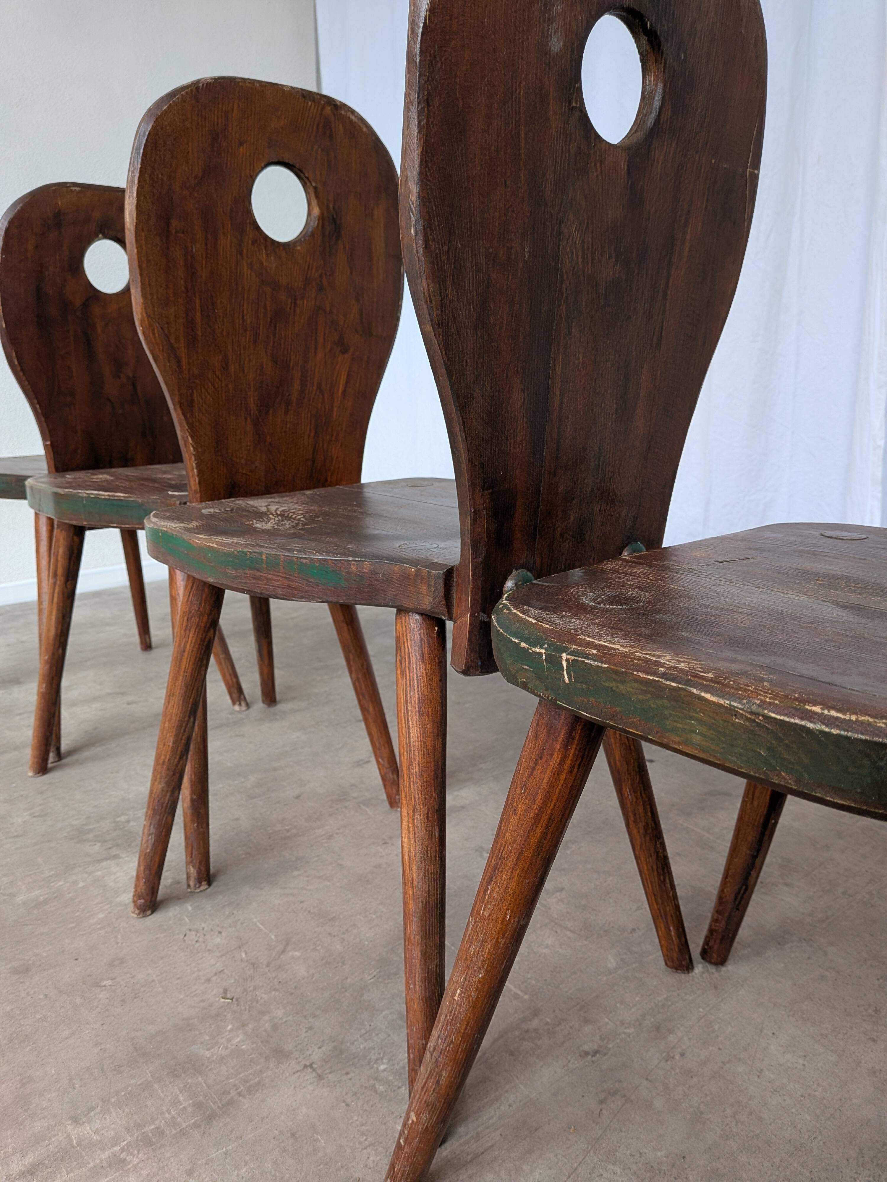 Set of 4 Vintage Brutalist Wooden Chair / Rustic Farmhouse Dining Chair