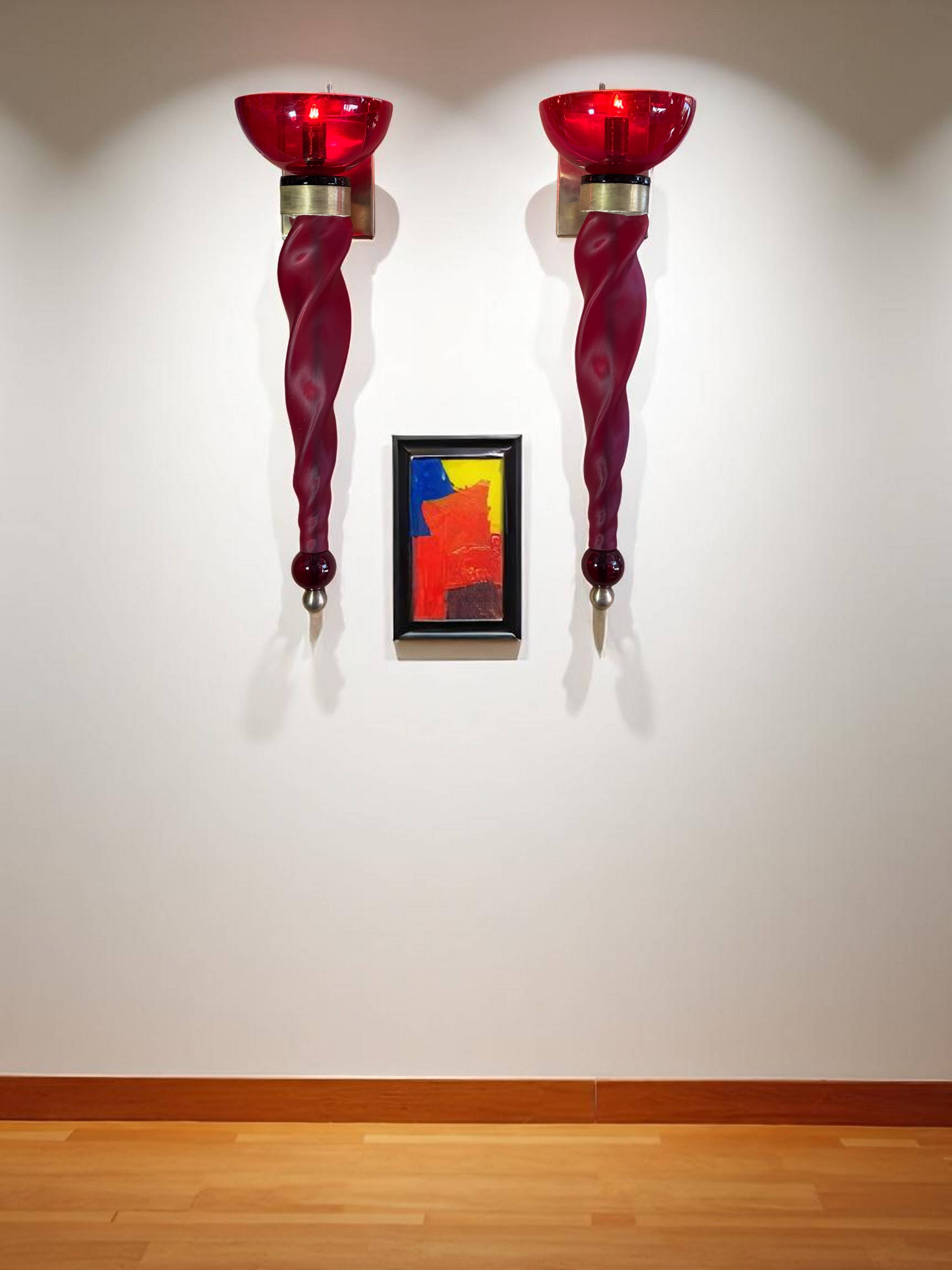 Pair of 62 cm murano torchere wall lights in red tinted glass and brass