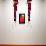 Pair of 62 cm murano torchere wall lights in red tinted glass and brass