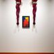 Pair of 62 cm murano torchere wall lights in red tinted glass and brass