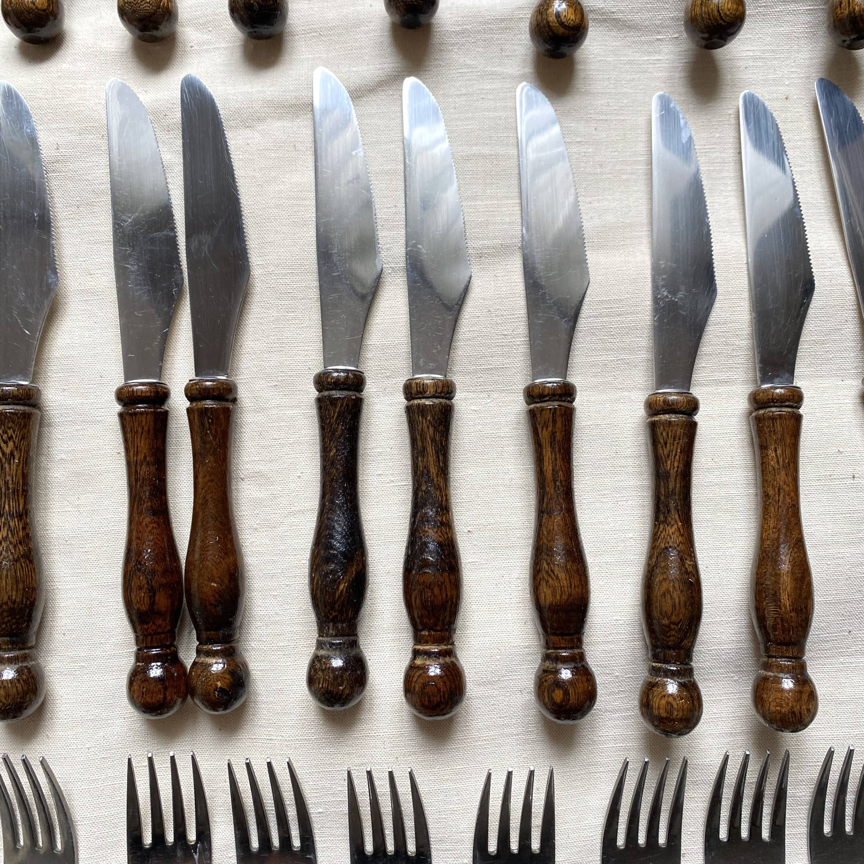 36-piece cutlery set with wooden and stainless steel handles, 1970s