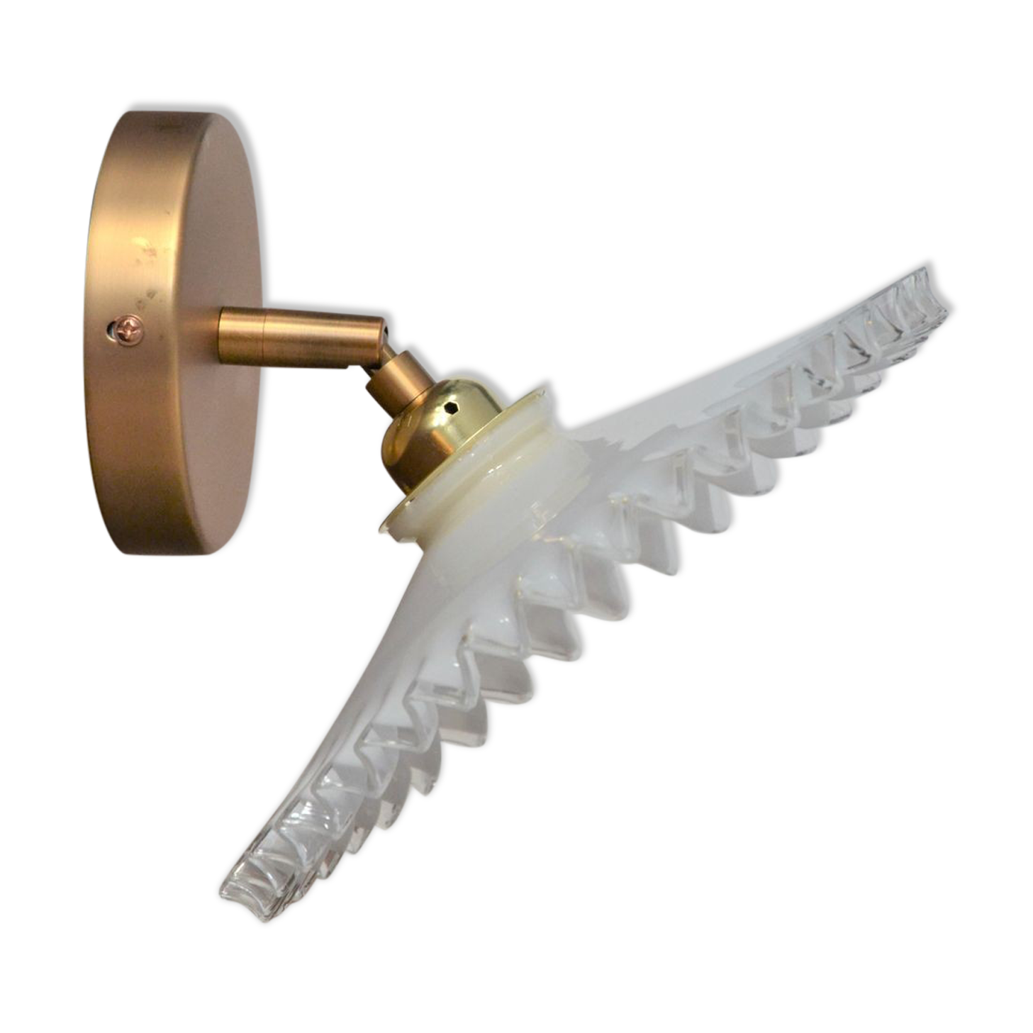 Golden articulated wall lamp, white opaline in pleated glass