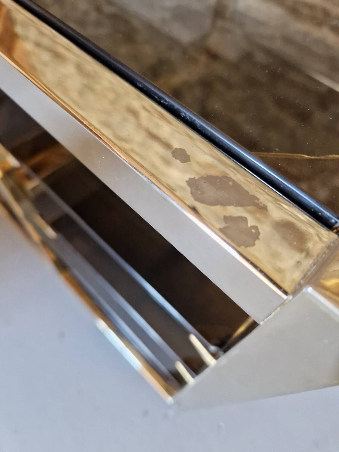 70s glass TV cabinet shelf console