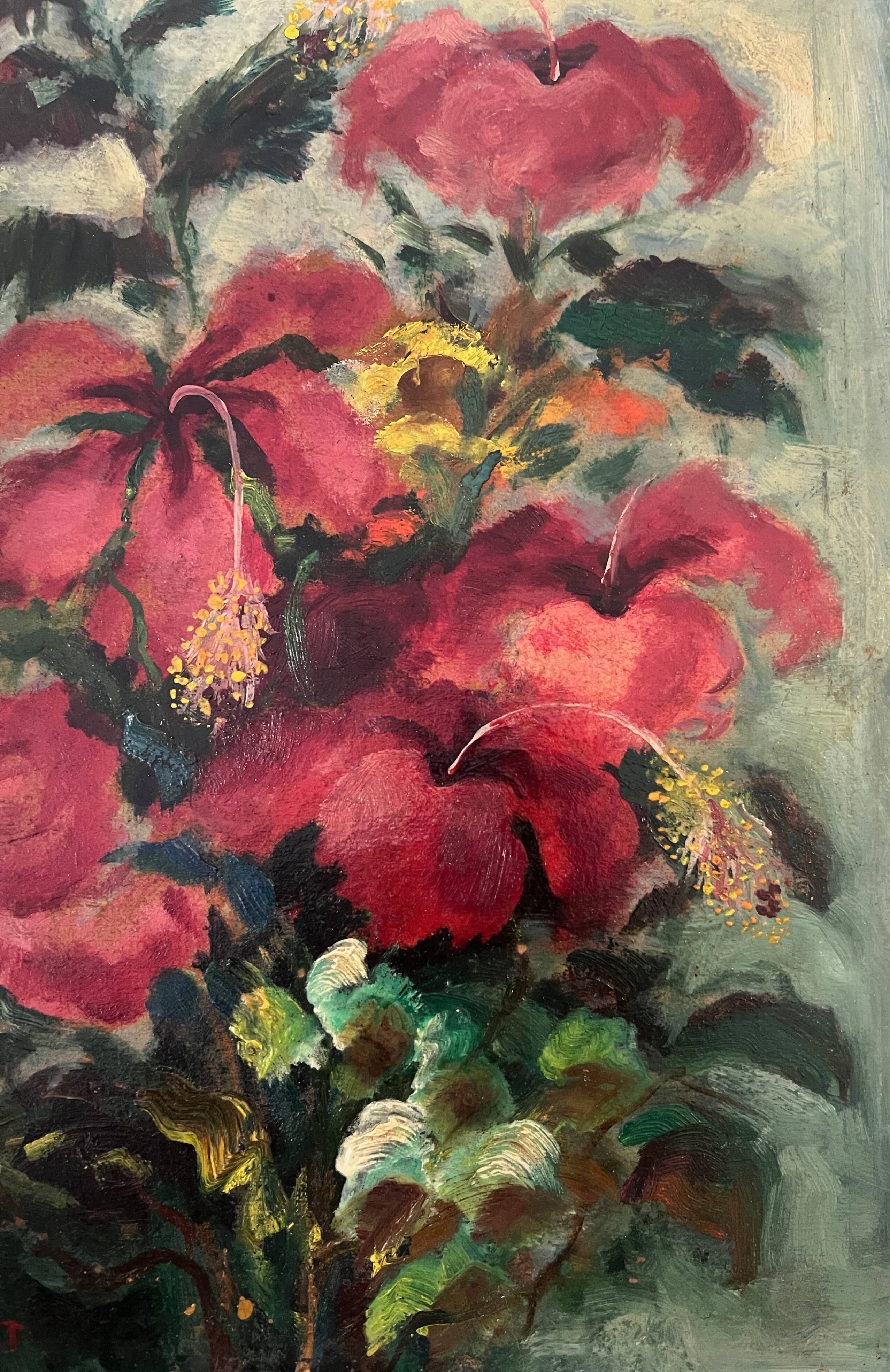 HSP painting "Bouquet of hibiscus" Flowers signed Jean Bart 1948