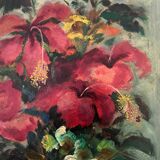 HSP painting "Bouquet of hibiscus" Flowers signed Jean Bart 1948