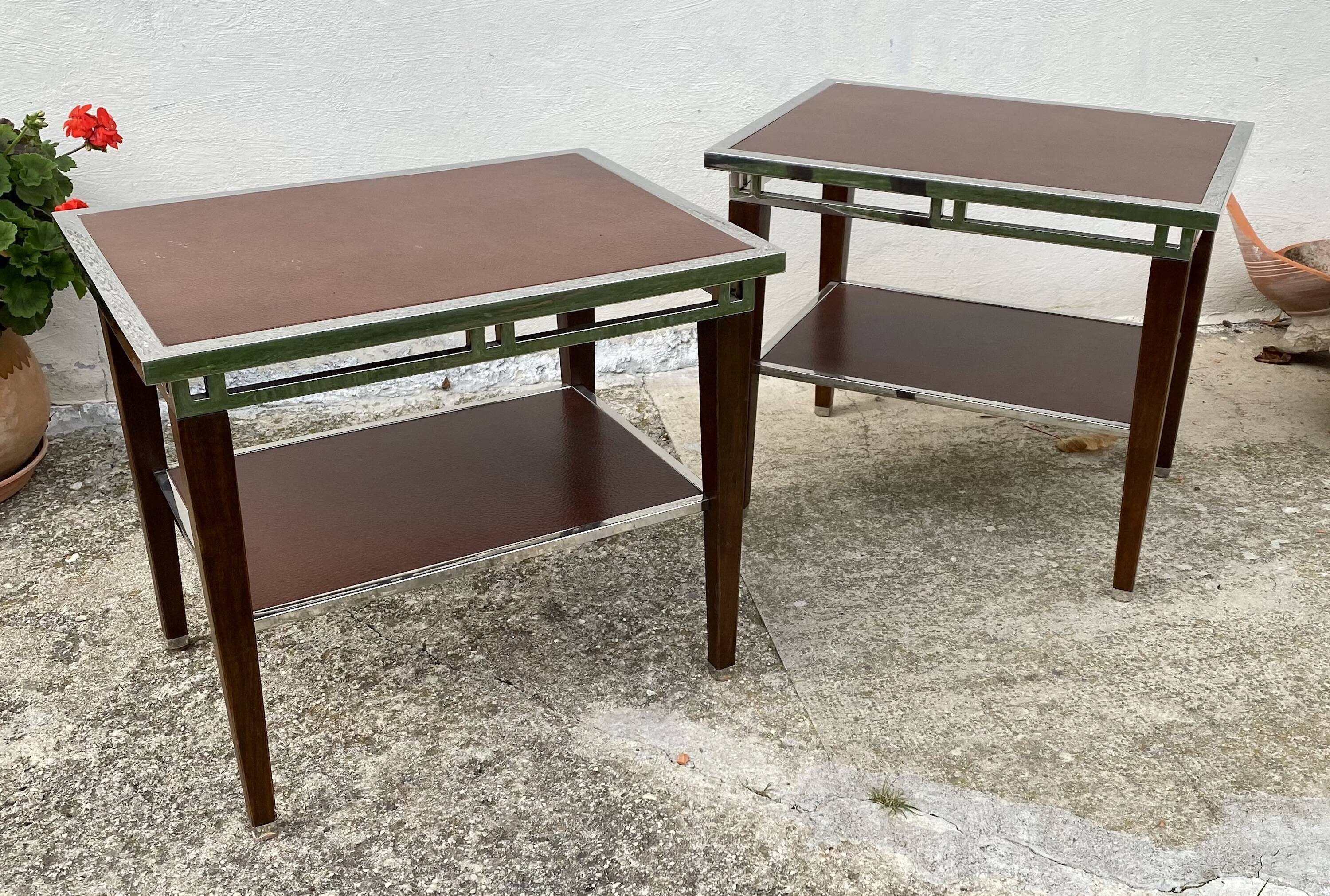 Pair of modernist chrome, leather and wood side tables