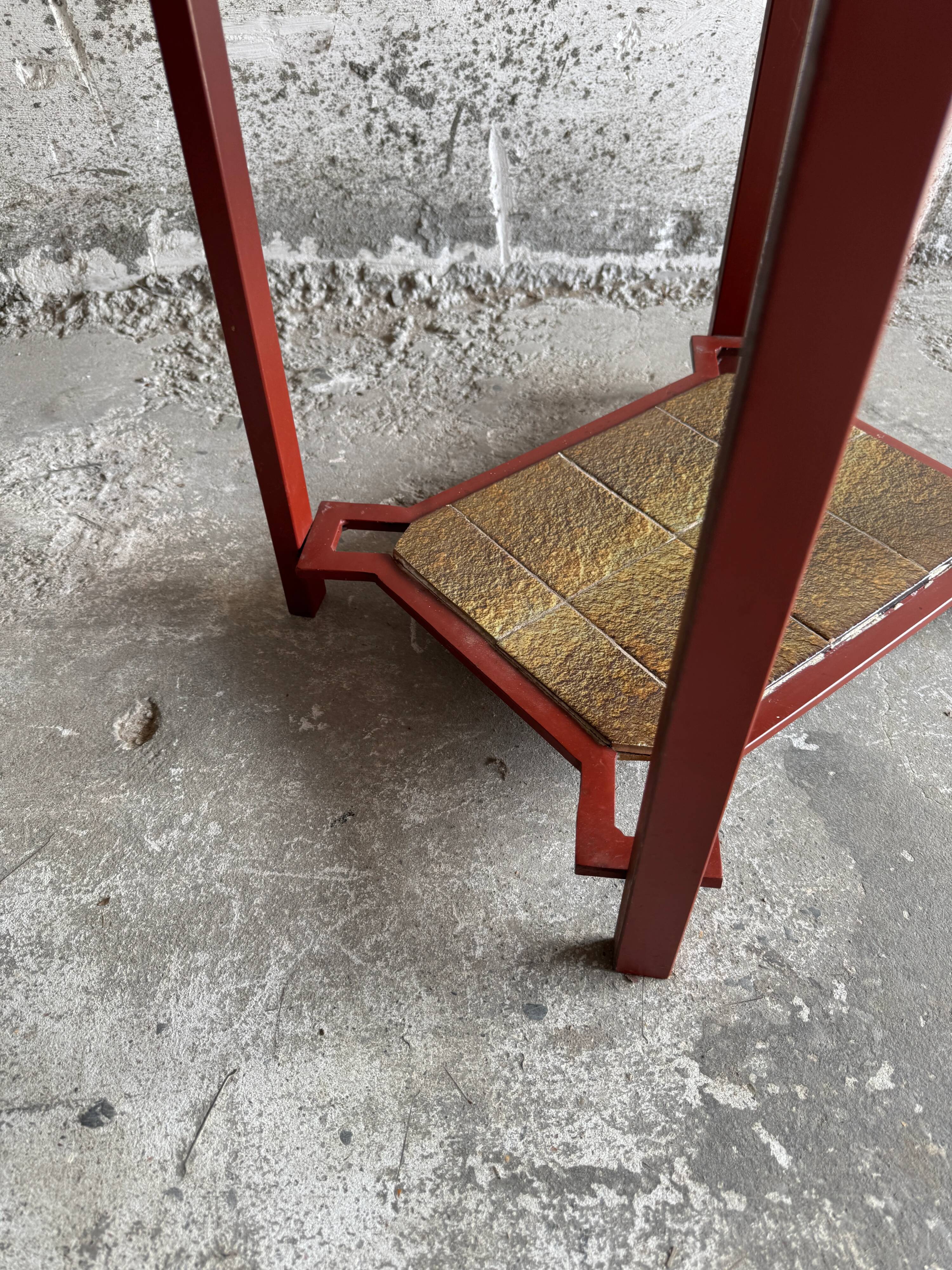 Vintage terracotta-red metal side table with glazed brown-green ceramic tile surfaces