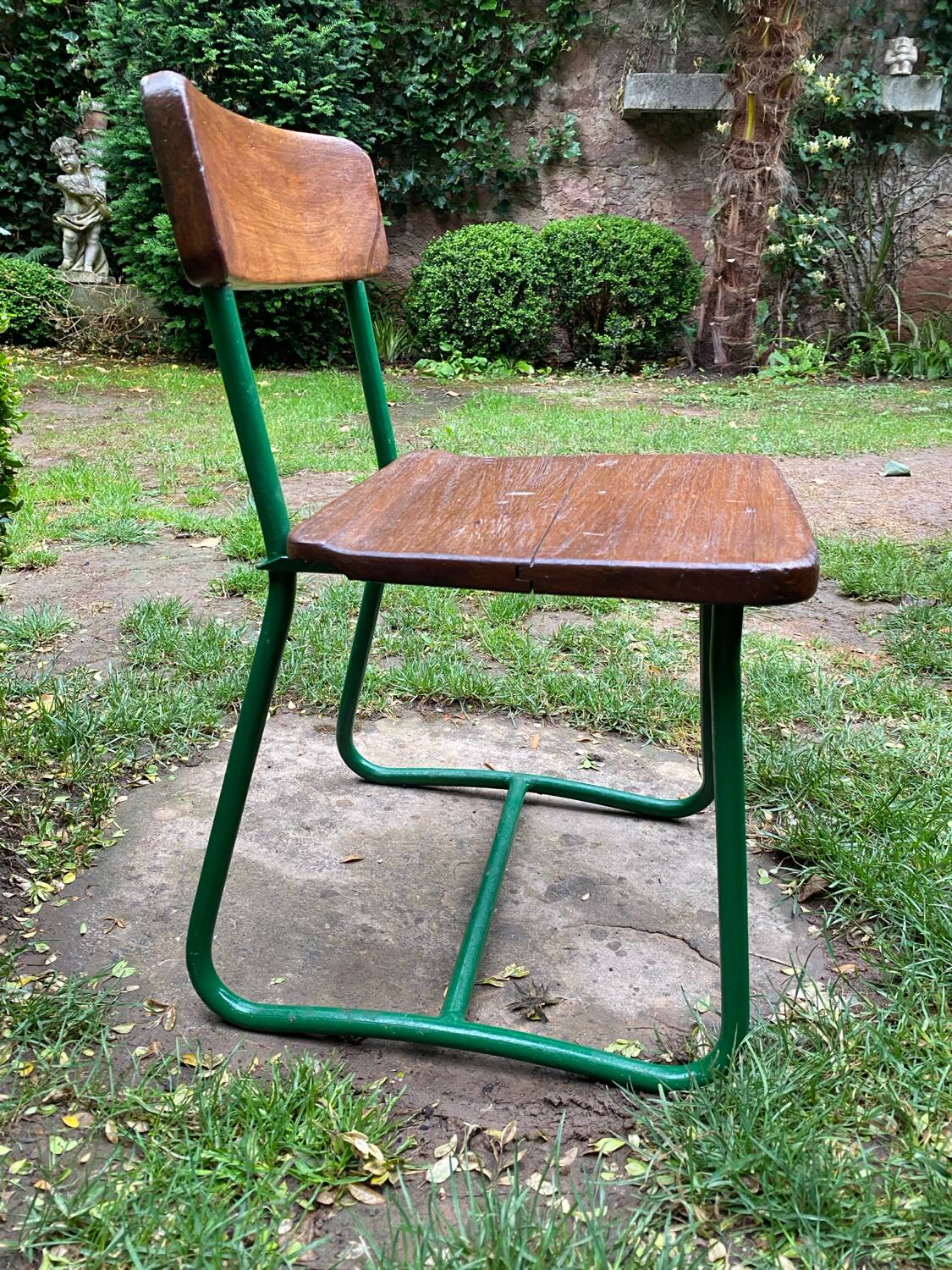 Green lacquered metal children's school chair circa 1950
