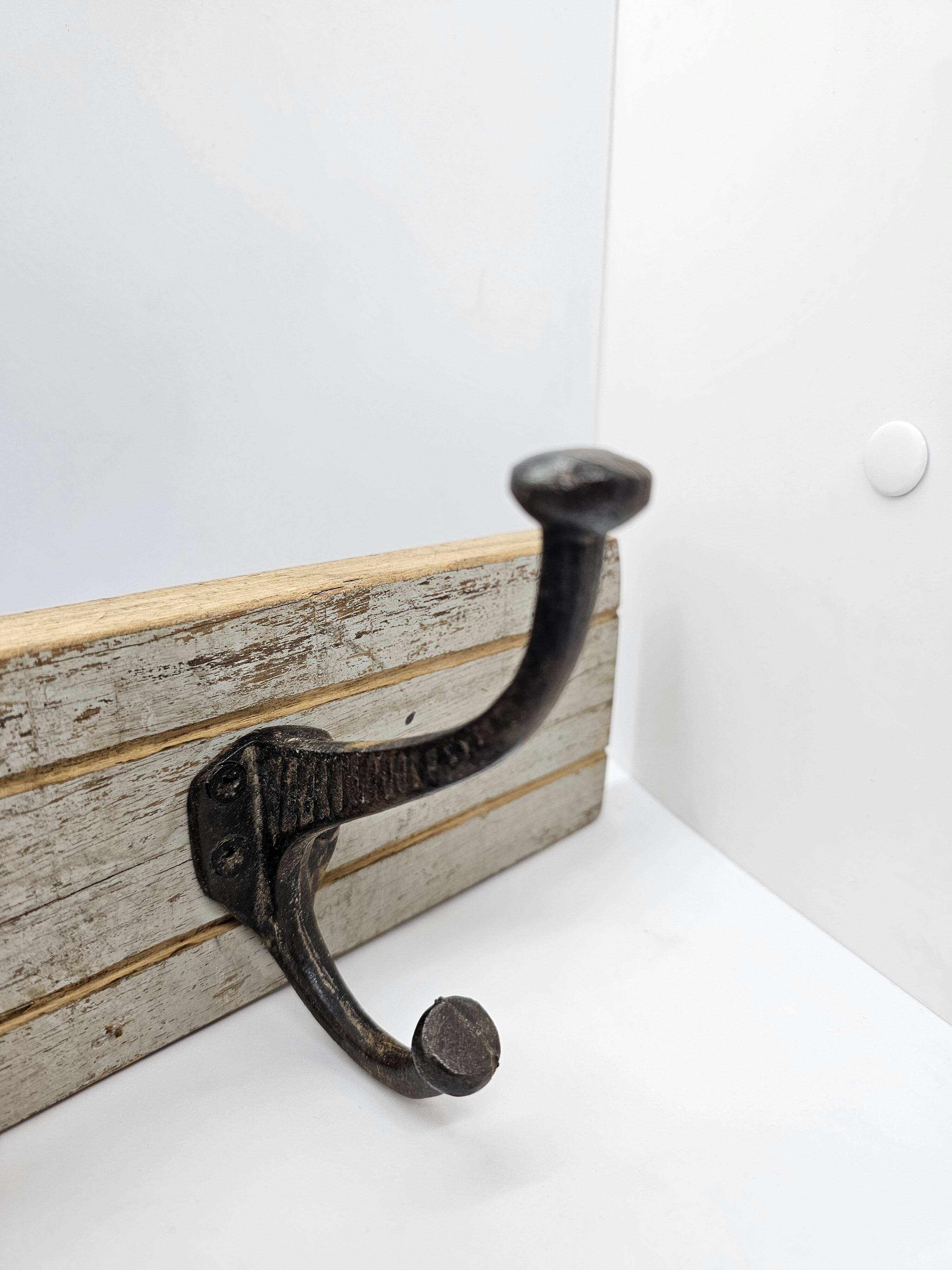 Solid teak coat hook with 2 double cast iron hooks