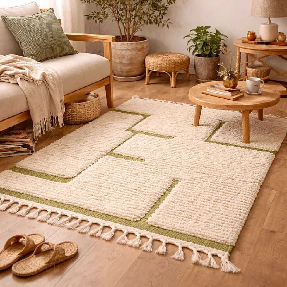 Beige Berber rug with a structured green abstract pattern.