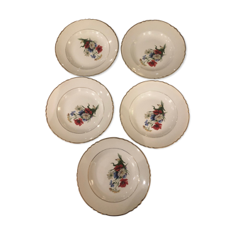 Lot de 5 assiettes creuses  Moulin des loups décor floral liseré doré