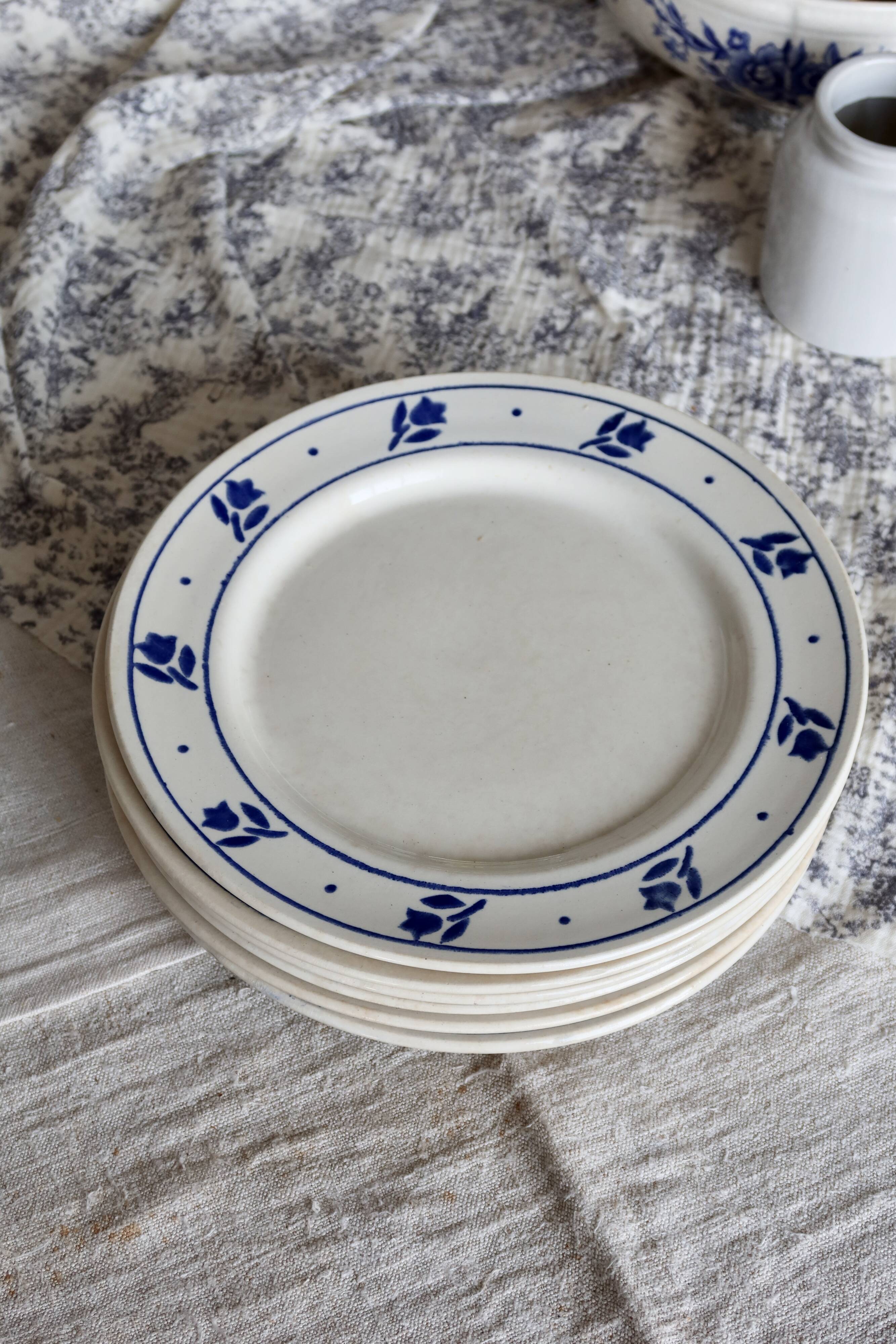 6 antique earthenware dinner plates - Blue tulip decor