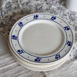 6 assiettes plates anciennes en faïence à décor de tulipes bleues
