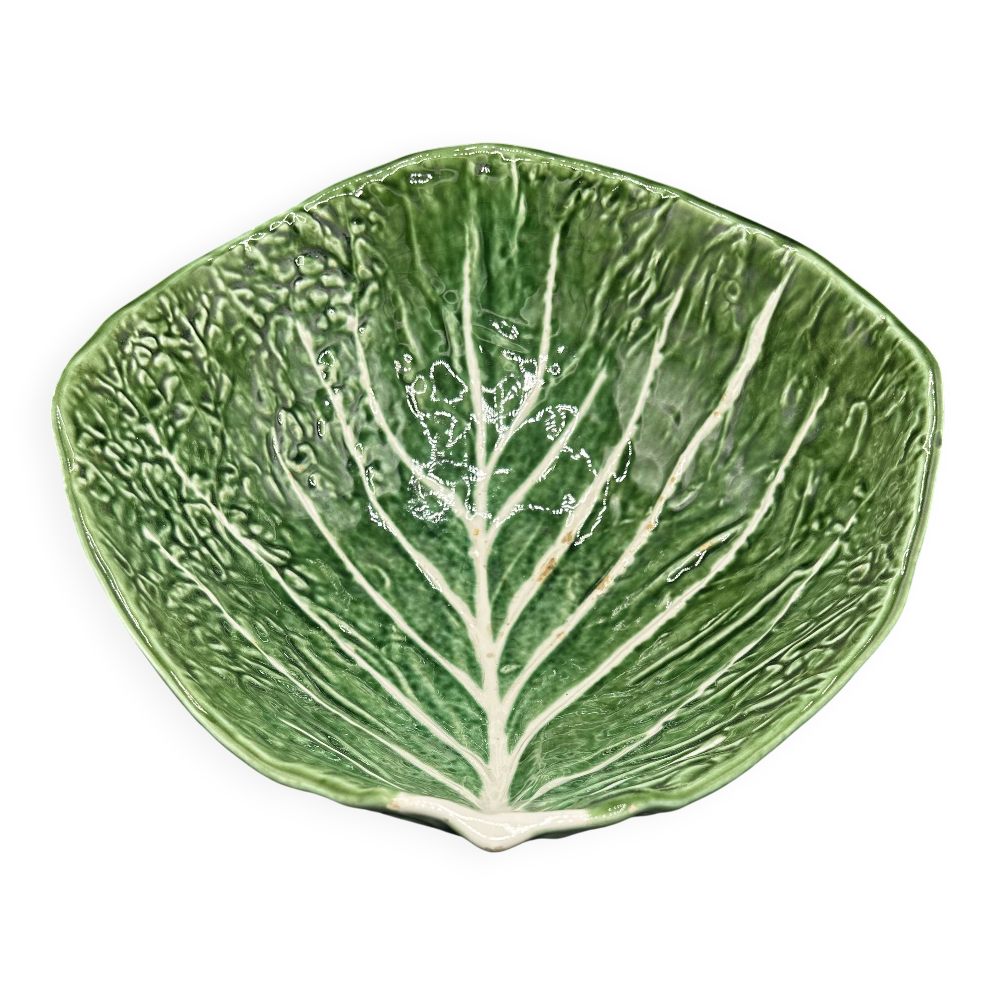 Large Salad Bowl Barbotine Cabbage Leaf - Portugal Vintage P.777A