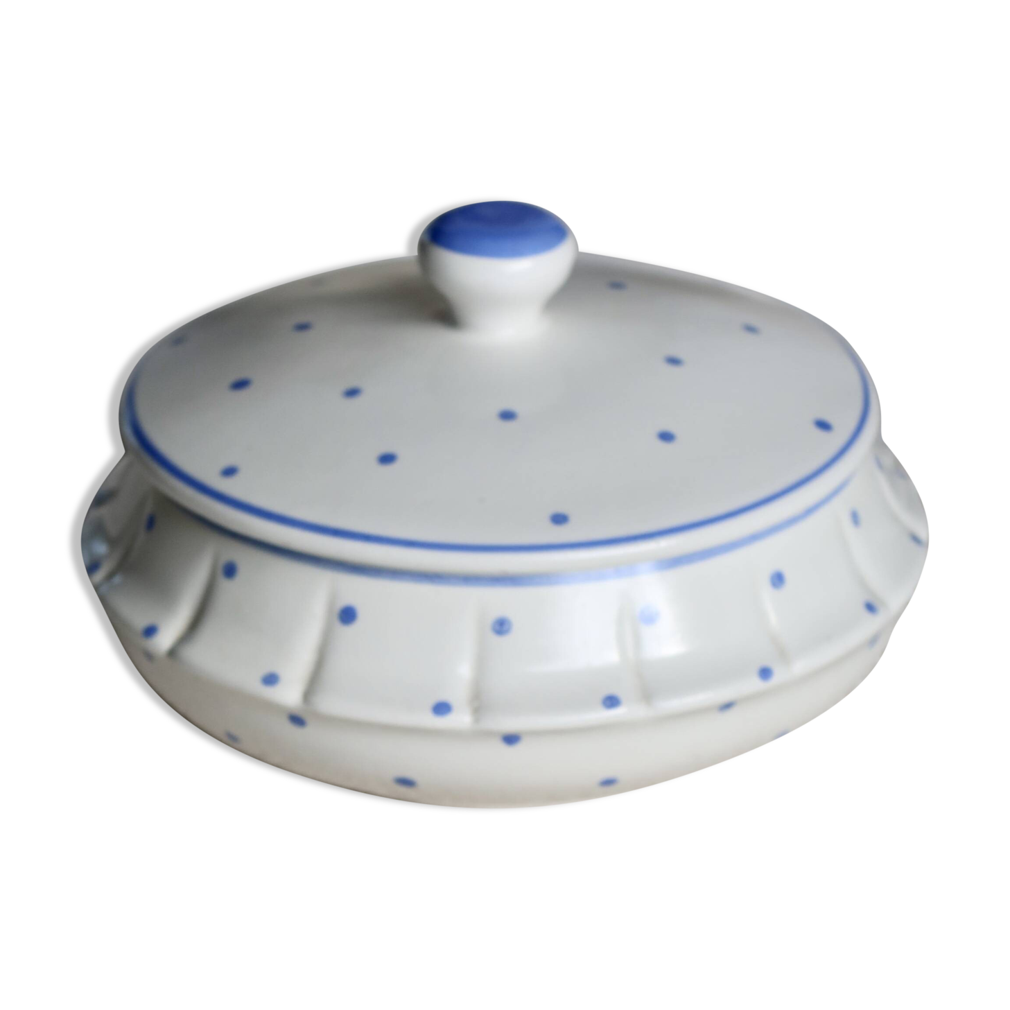 Vintage ivory earthenware candy box with blue polka dots