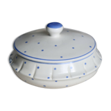 Vintage ivory earthenware candy box with blue polka dots