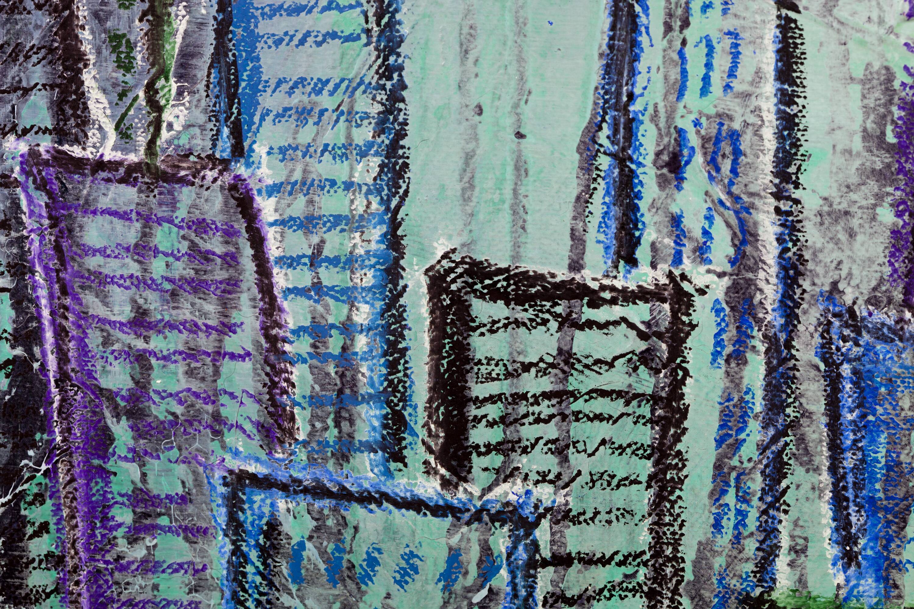 Contemporary paintig in teal, purple and green shades, acrylic on canvas