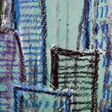 Contemporary paintig in teal, purple and green shades, acrylic on canvas