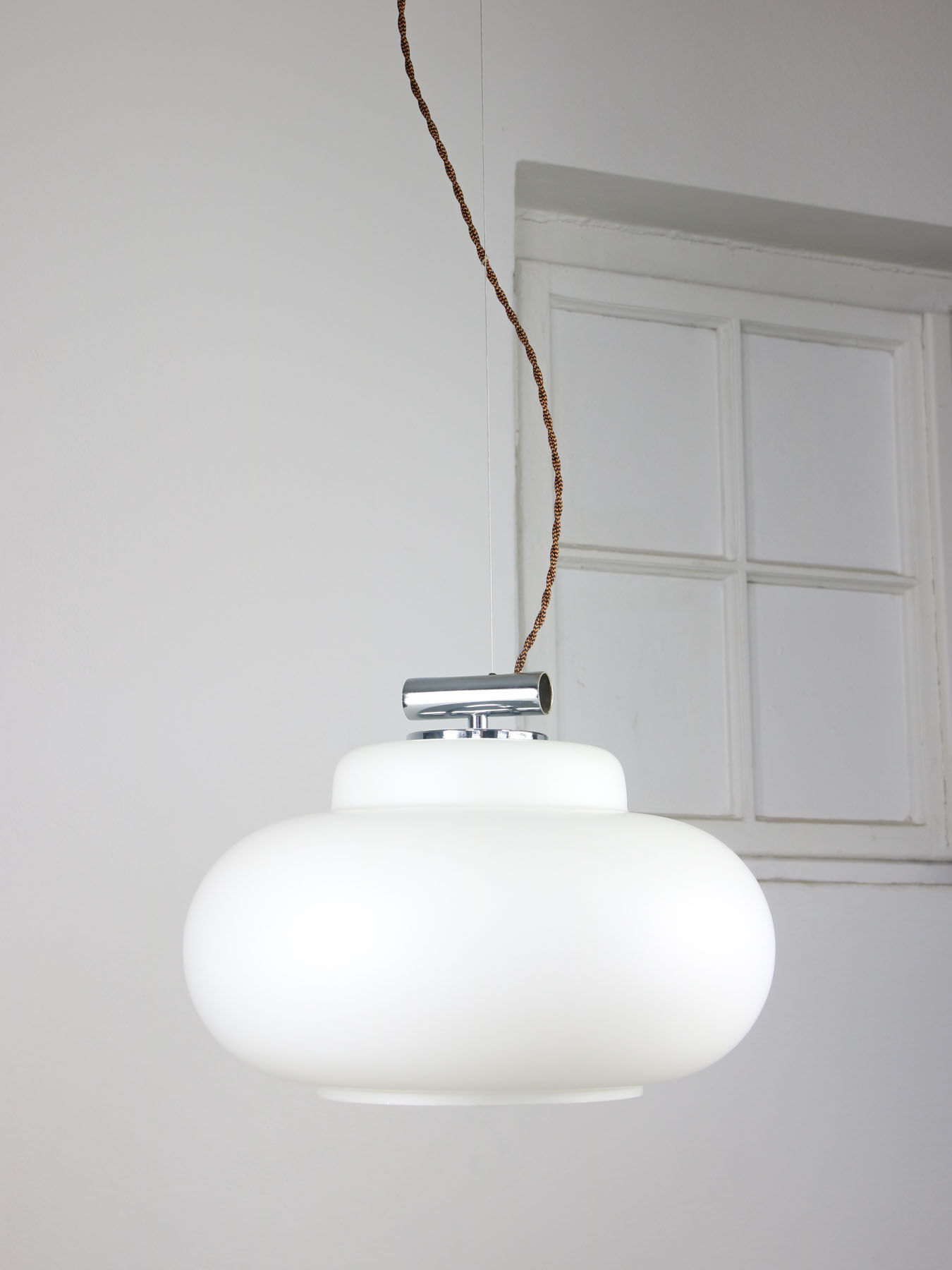 Suspension Vintage Chrome & Opaline, années 1980