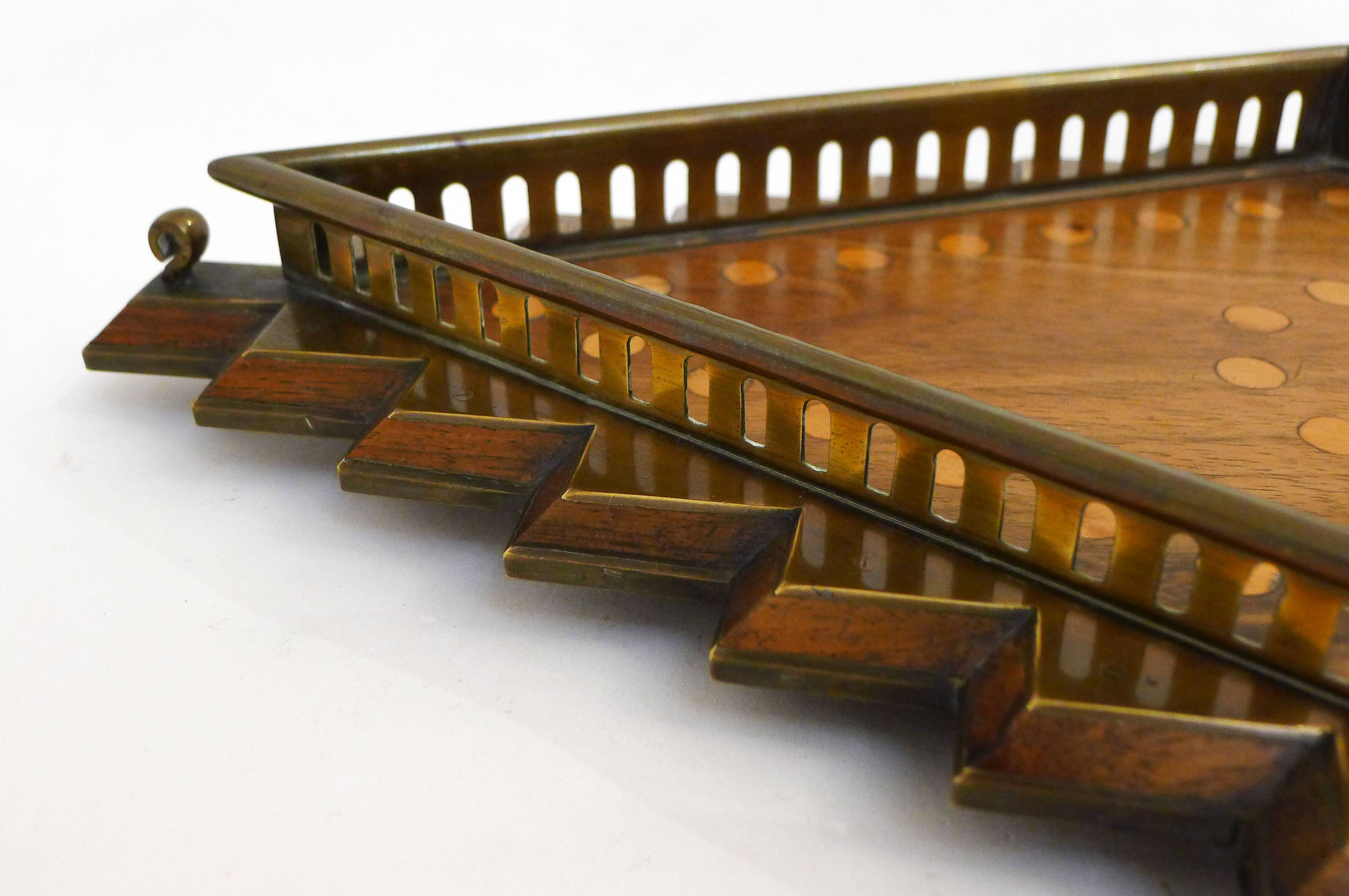 Diamond-shaped wood and brass tray