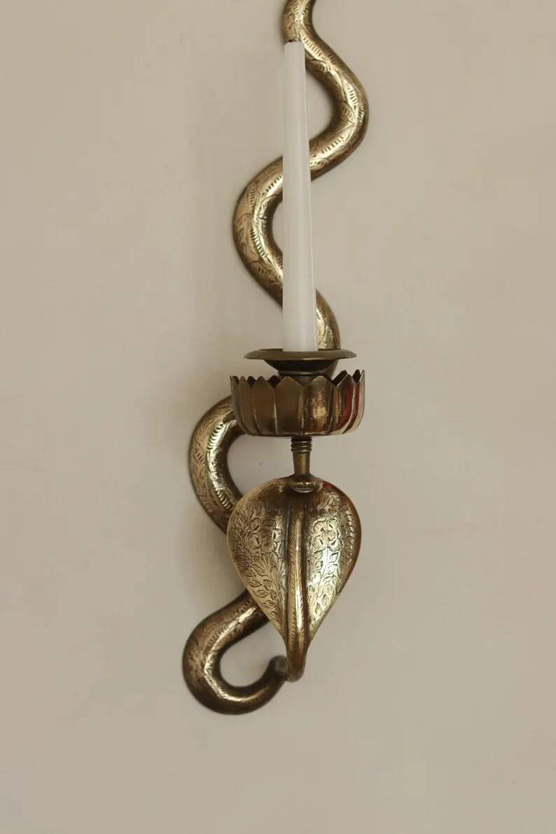 Pair of Egyptian Revival Style Engraved Brass Cobra Sconces