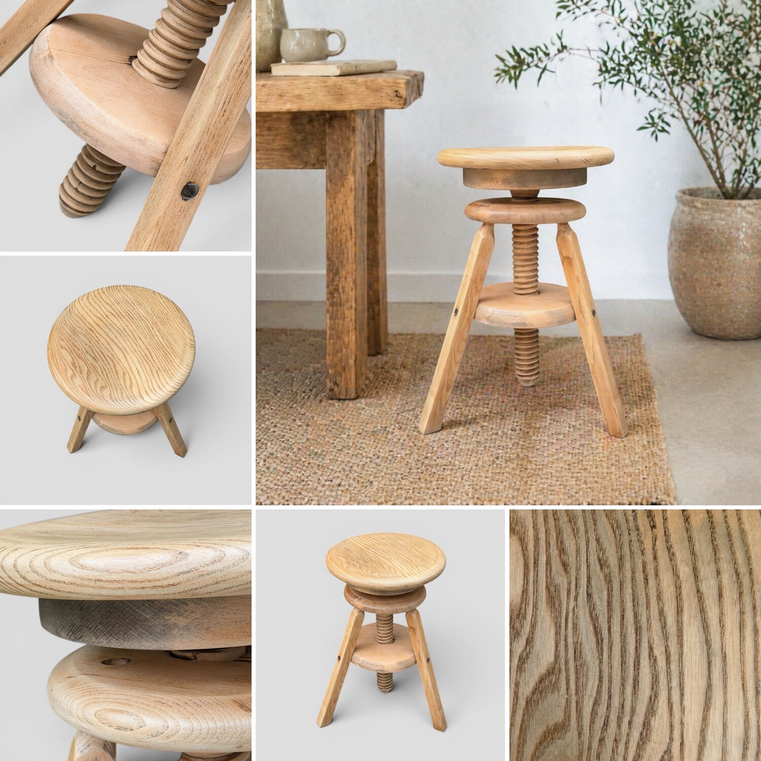 1950s solid oak tripod workshop stool with a screw mechanism.