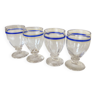 Set of 4 Small Crystal Liqueur Glasses with Blue and Yellow Rim