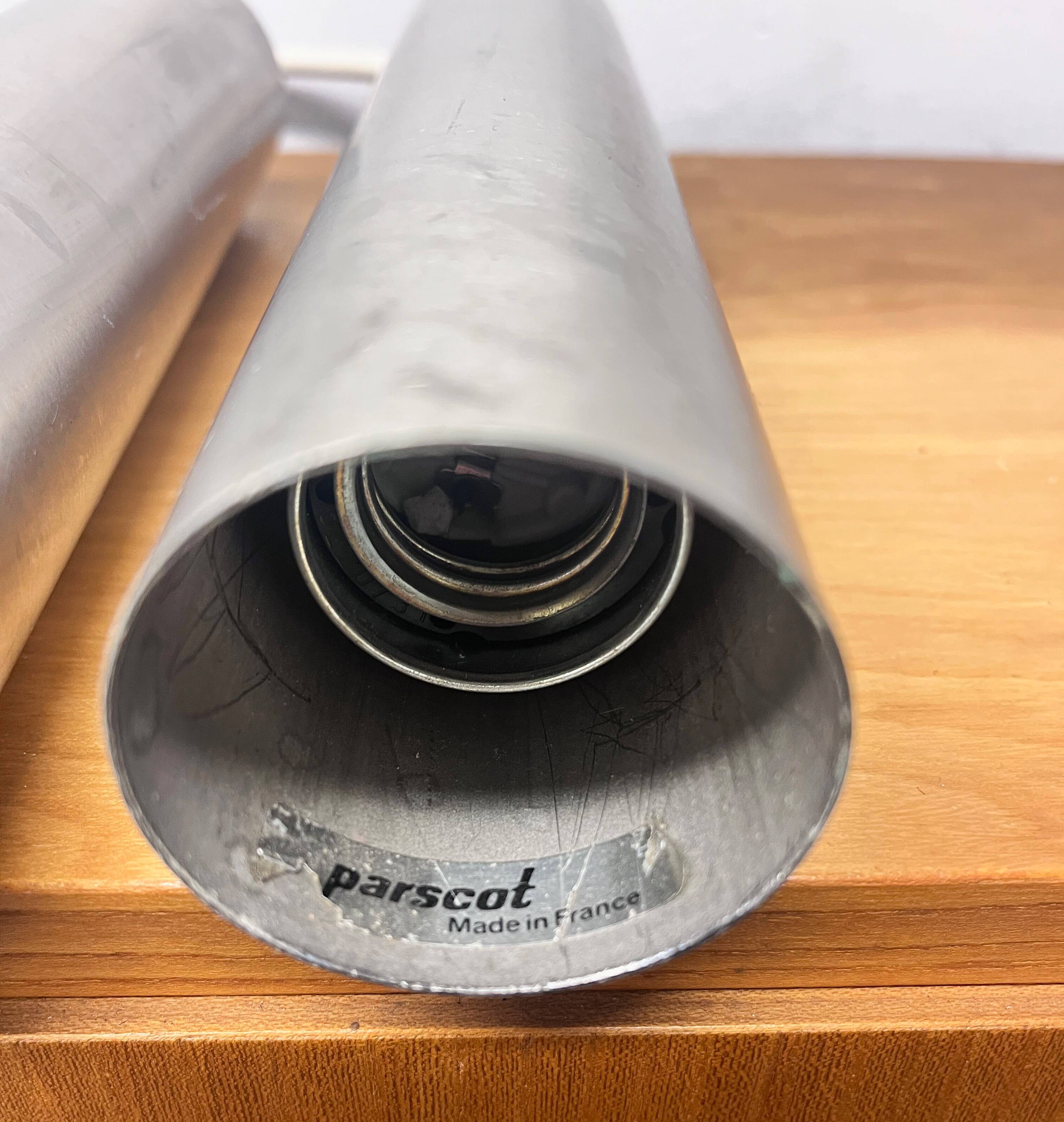 Pair of Parscot brushed metal pendant lights, 1970s