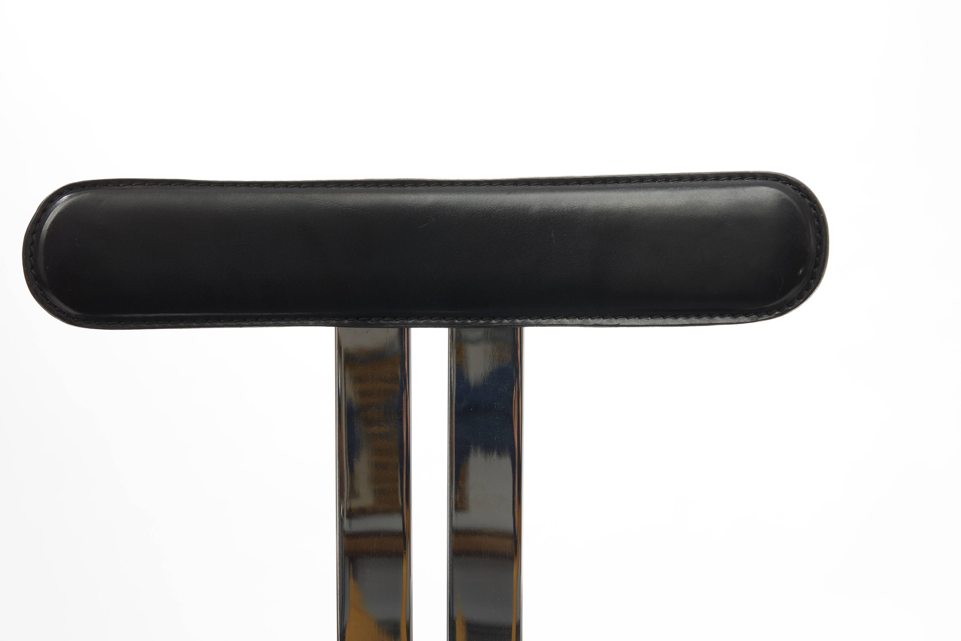 Pair of vintage Italian made dining chairs in chromed metal and black leather