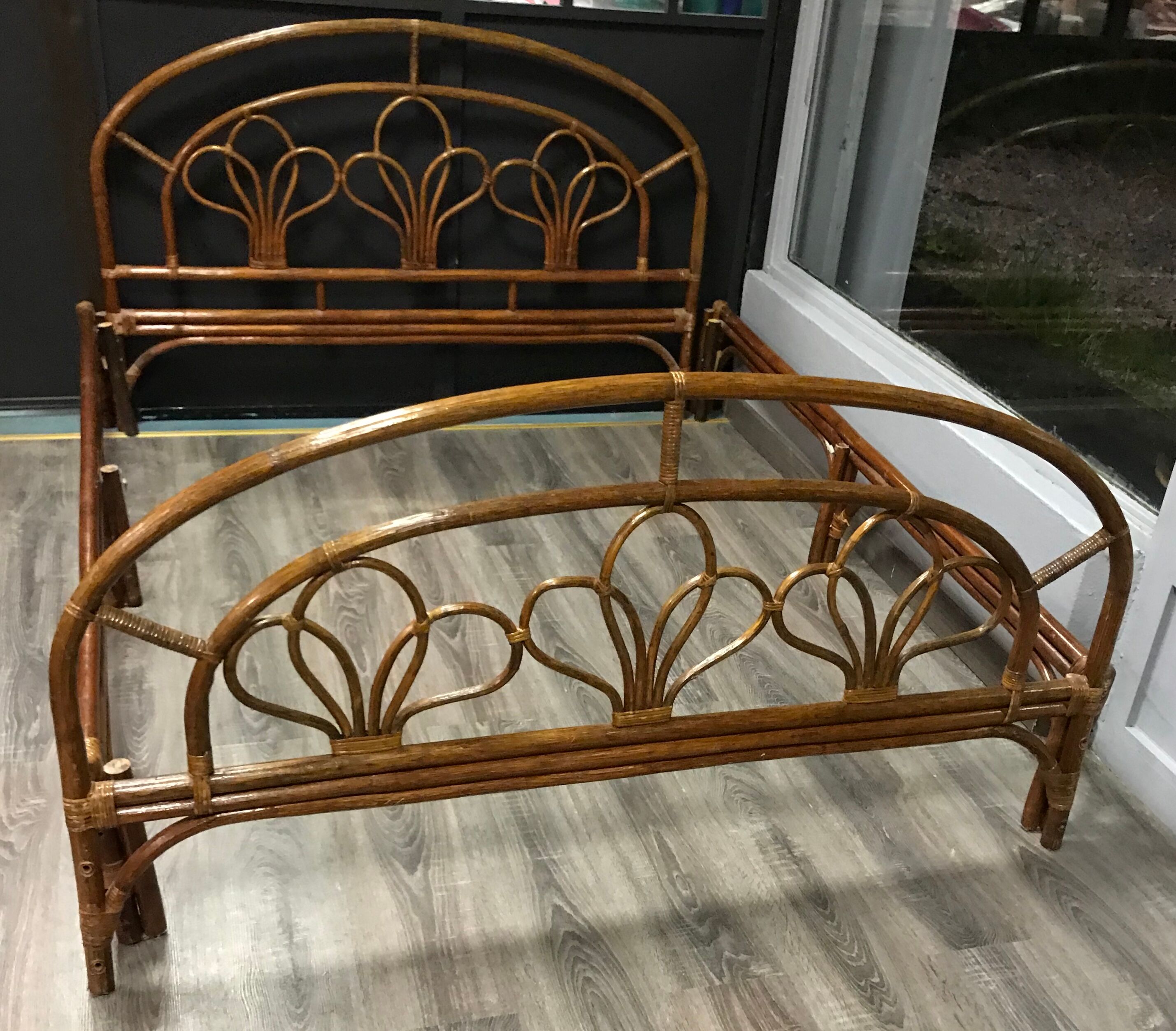 Vintage wicker rattan headboard bed frame