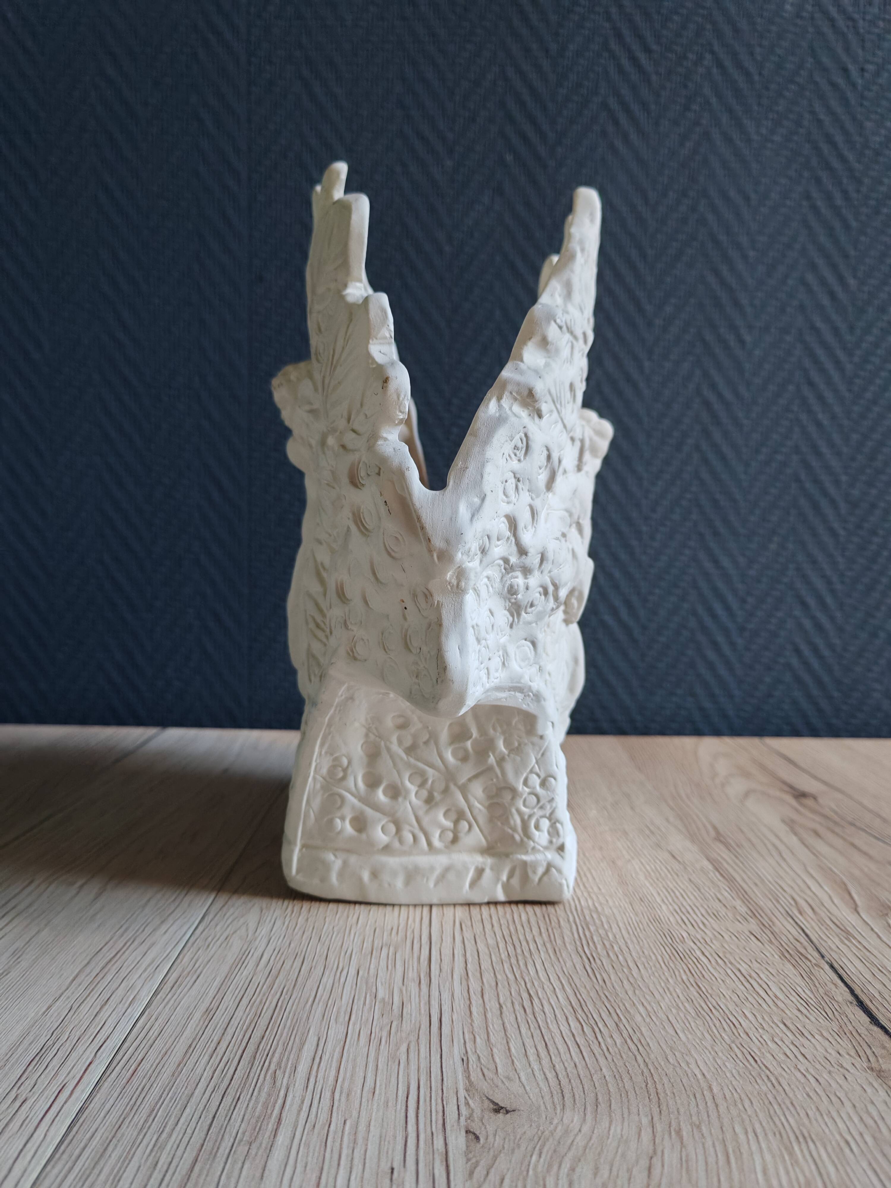 Angel Vase in White Plaster, Vintage Planter with Cherub and Flower Motif