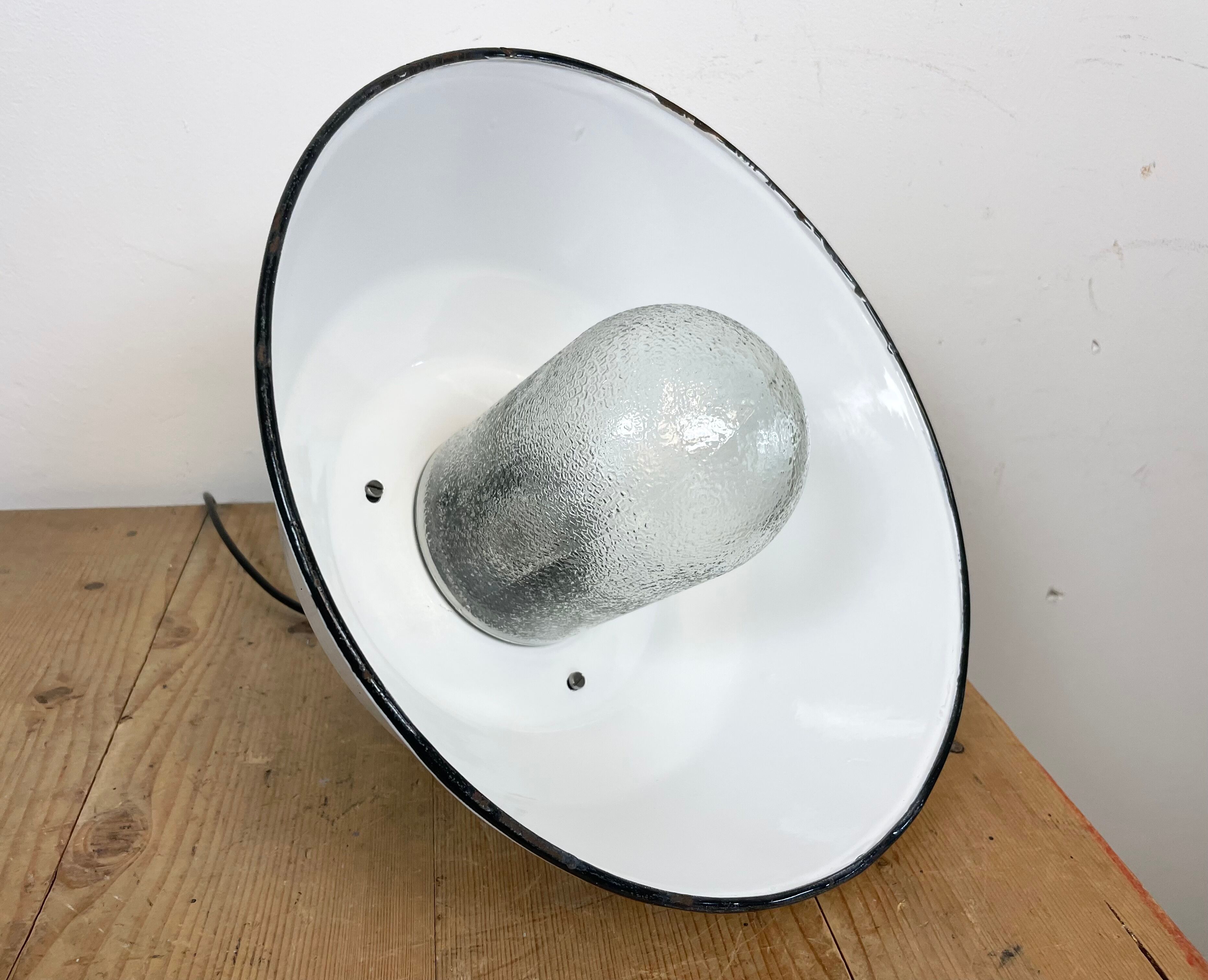 White Enamel and Cast Iron Industrial Pendant Light with Glass Cover, 1960s
