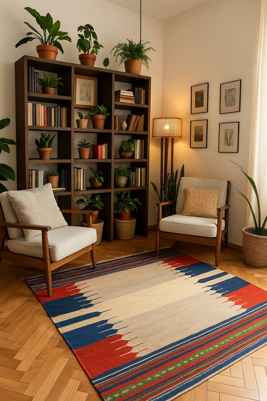 Wool Kilim Rug Earthy Beige, Vibrant Blue & Red 128 x 116 cm