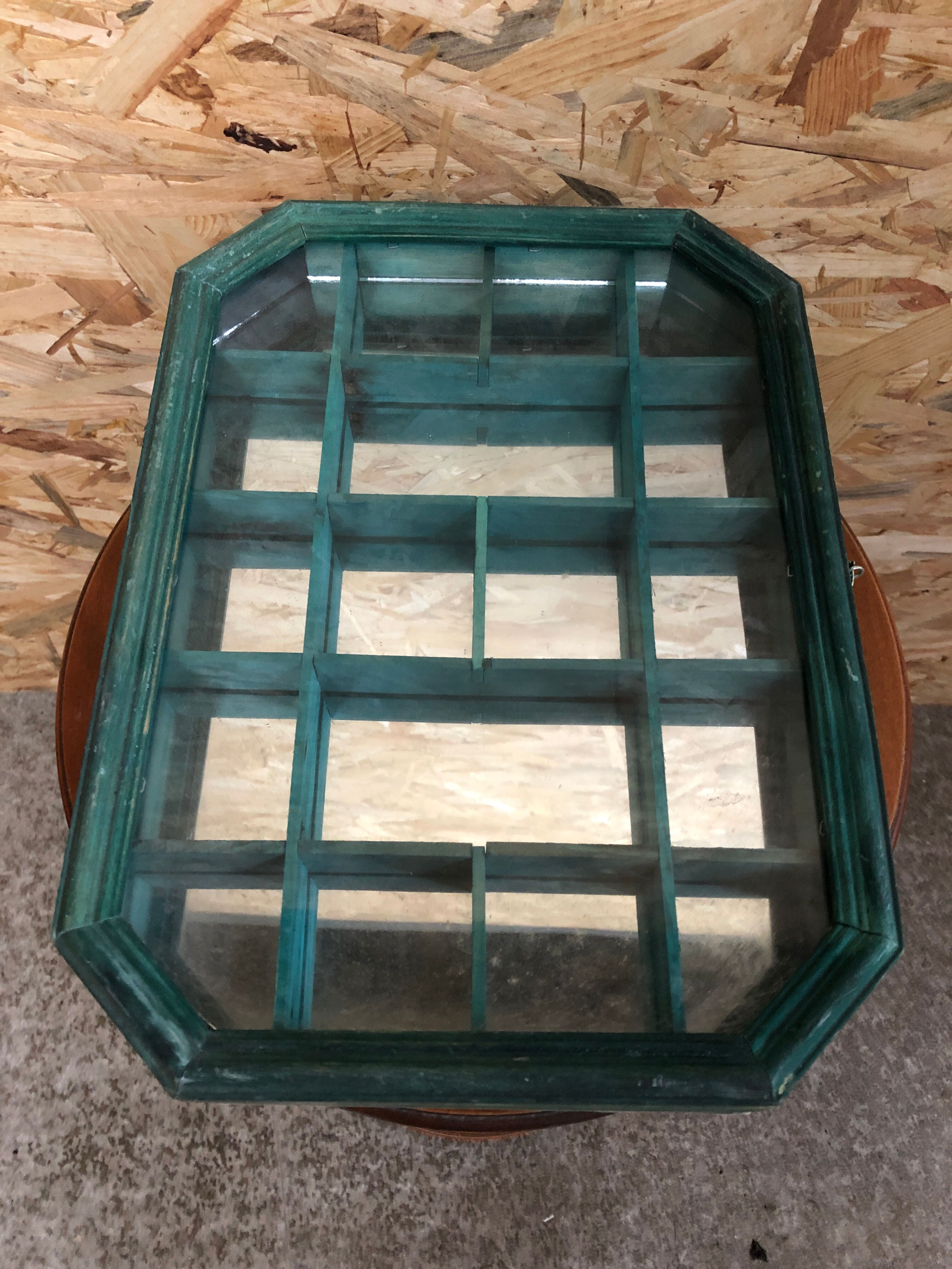 Old hanging showcase 18 green wood boxes + mirror + vintage glass door